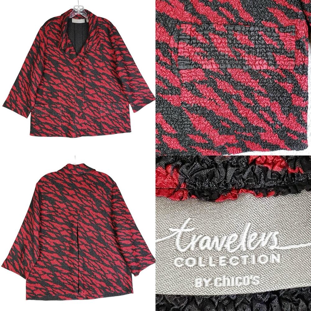 Chico’s Traveler’s Jacket Blazer Women’s Size 2 US Large L Crinkle Black Red